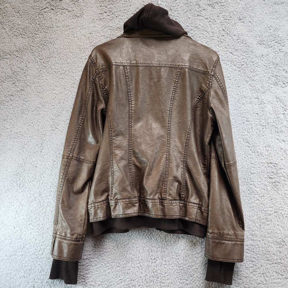 LA Coalition Faux Leather Jacket Women's M Brown Lined Long Sleeve Hood Full Zip - Picture 14 of 14